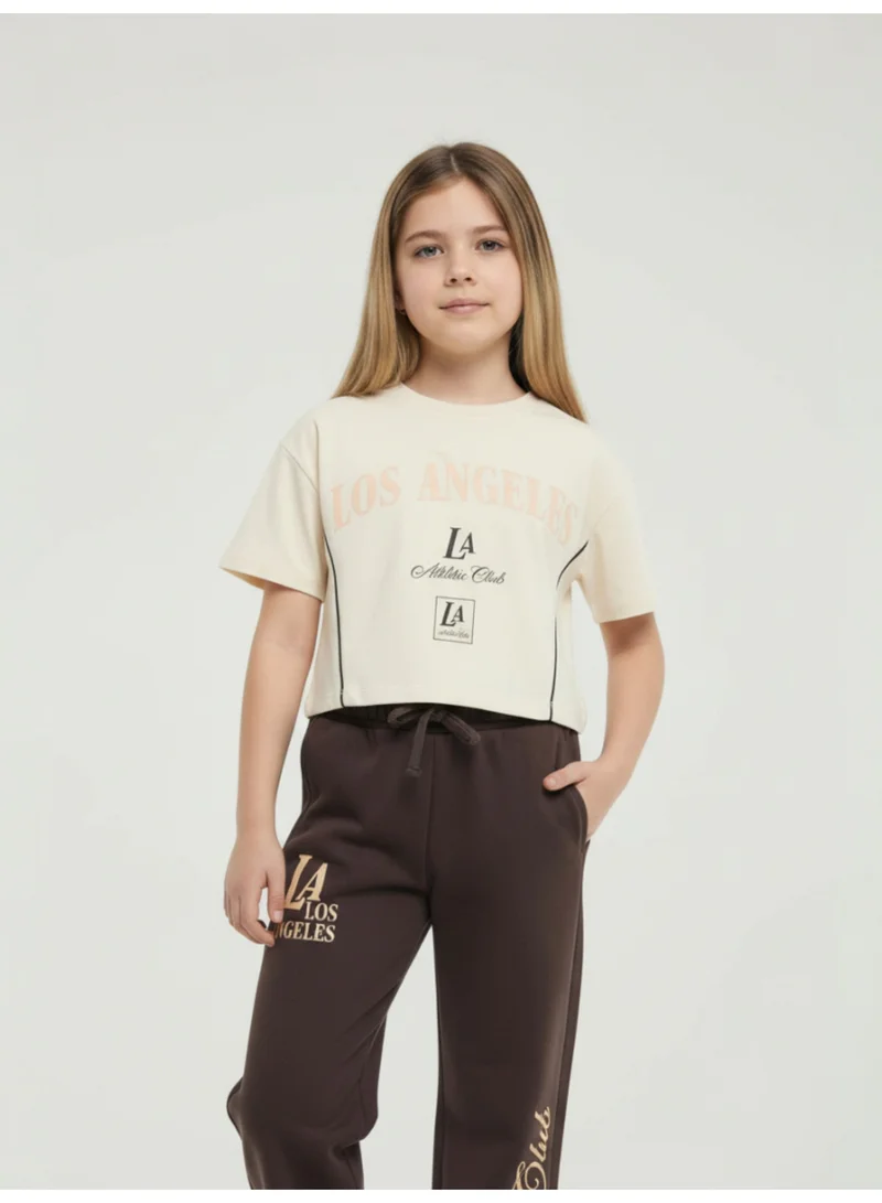 Victor And Jane  Girls 2 Pc Set Los Angeles Print T-Shirt & Wide-Leg Pants Set – Beige & Brown for Women | Best Price UAE